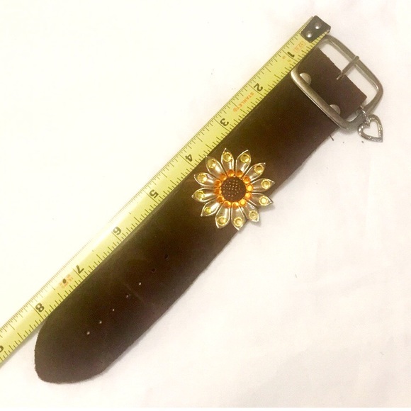 Brown Suede yellow orange rhinestone sunflower silver buckle strap band bracelet - Picture 4 of 5